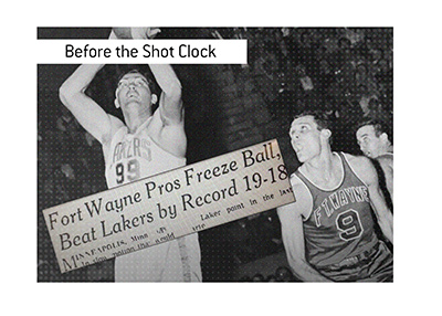 Basketball was a different game before the introduction of the shot clock.  In photo:  Pistons vs. Lakers in 1950.