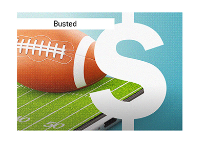 A football player gets busted betting on games while nursing his injury.  Illustration.