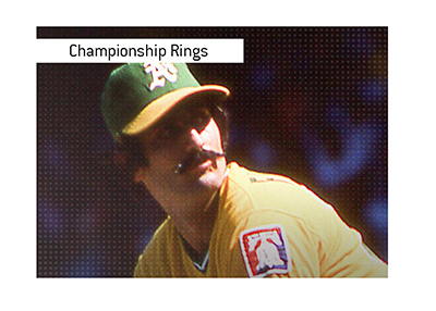 The story of the Oakland As Championship Rings.  In photo:  Rollie Fingers throwing a ball.