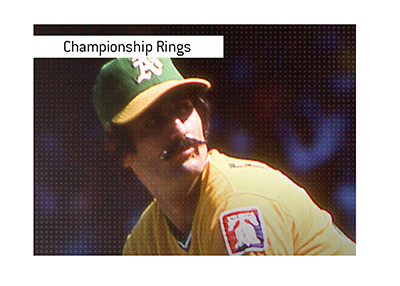 The story of the Oakland As Championship Rings. In photo: Rollie Fingers throwing a ball.