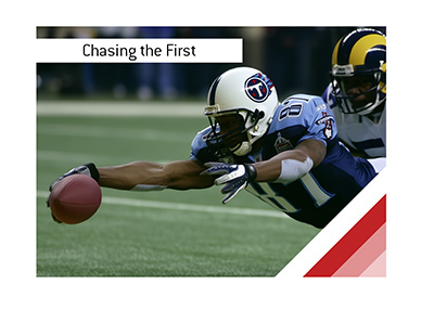 Kevin Dyson stretching toward the goal line in Super Bowl XXXIV. He was stopped one yard short on the final play.