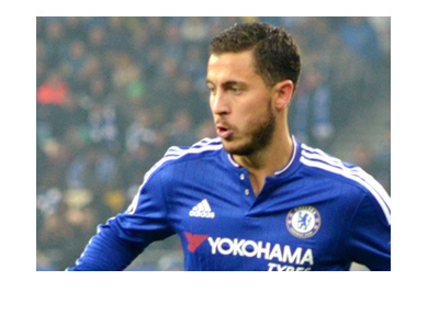 Chelsea midfielder Eden Hazard in action.  Long sleaves blue.