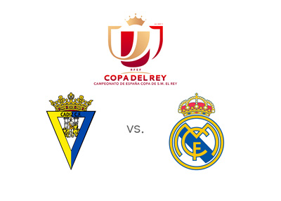 Cadiz vs. Real Madrid - Spanish Copa del Rey matchup - Team badges and tournament logo