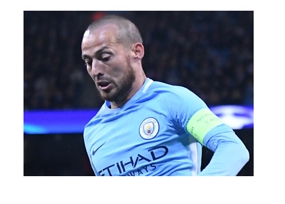 Manchester City midfielder (and brain), David Silva, in action for his team.  Sporting the home light blue colours.  Year is 2017.