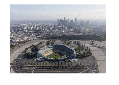 The LA Dodgers Stadium - Birds eye view perspective - Year 2017.  Los Angeles in the background.