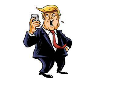 Donald Trump tweeting and yelling in the same time. Illustration.