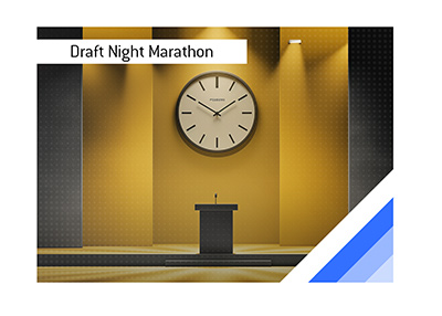 Empty NFL draft podium beneath large wall clock captures long first round delay.
