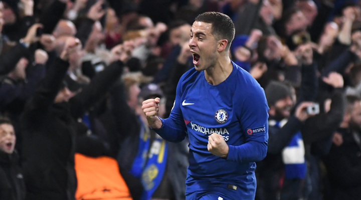 Chelsea FC winger Eden Hazard celebrating a goal for his team in the UEFA Champions League game vs. Atletico. December 2017.