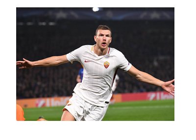 AS Roma striker and Bosnia Herzegovina international, Edin Dzeko, celebrating a goal.  The year is 2017.