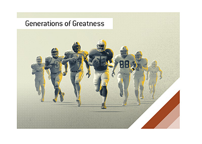 NFL players from different eras running forward together, representing generations of elite draft classes.