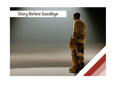 Vintage 1930s hockey goaltender in leather pads standing alone under arena spotlight after winning the Stanley Cup in Chicago.