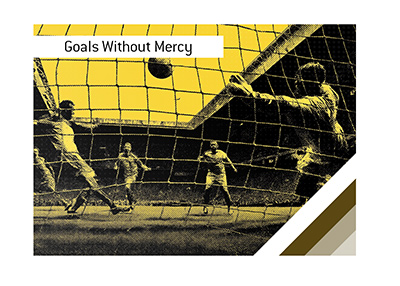 Stylized poster of a soccer goal being scored past a diving goalkeeper, viewed from inside the net.