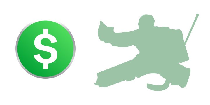 Betting on the sport of hockey. The goalie is trying to catch the dollar symbol.
