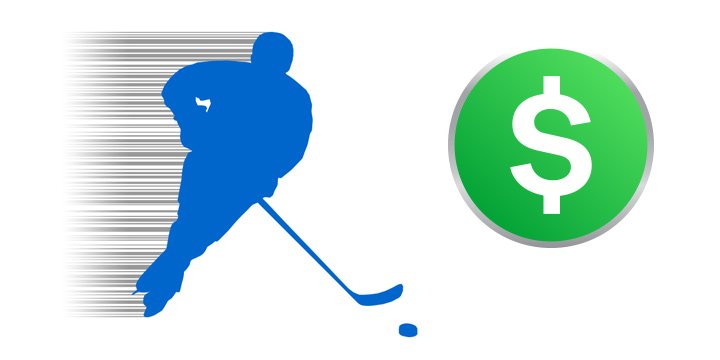 Illustration of a hockey player chasing the puck with a dollar sign in the foreground. Hockey Betting is the theme.