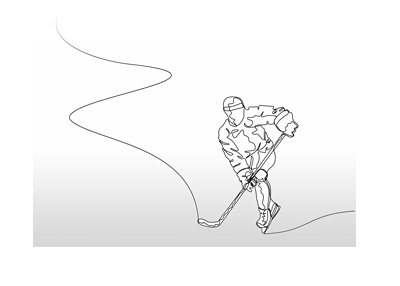 A silhouette of a hockey player chasing the puck.  One line drawing.