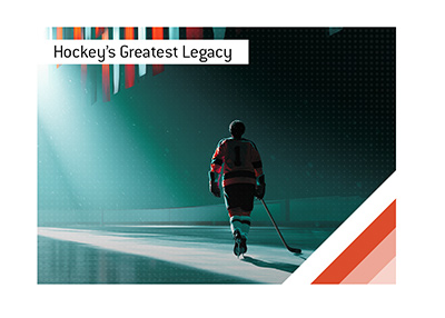 Stylized hockey arena scene showing a lone player skating beneath championship banners.
