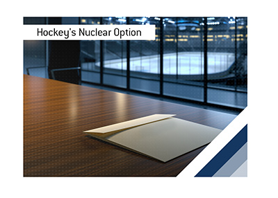 A sealed contract envelope rests on a polished executive boardroom table overlooking an empty NHL arena.