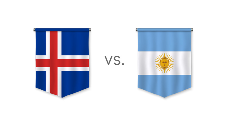 Football matchup - Iceland vs. Argentina - Who is the favourite to win? - Nation flags.