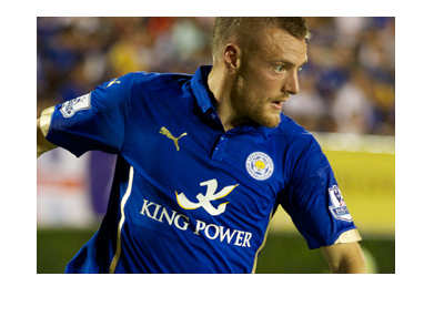 Leicester City forward, Jamie Vardy, in action. Wearing home blue. 2016/17.