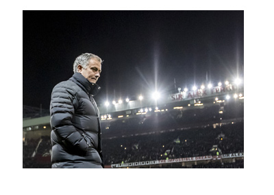 Manchester United manager, Jose Mourinho, under the Old Trafford lights. Year is 2017.