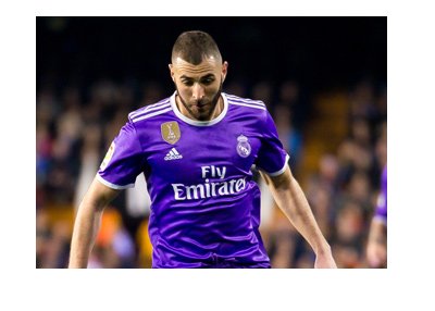 Karim Benzema is sporting the Real Madrid 2017 purple kit.  In action.  Super Cup vs. Barcelona is coming up.