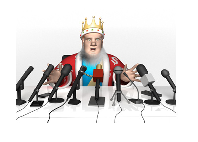 The King is presenting the latest news at the morning press conference. Mics all around him.