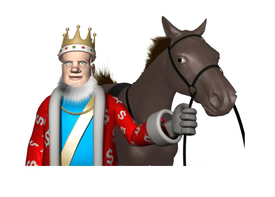 The King is standing next to a horse, giving a report on the latest racing news.
