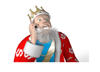 The King is on his cellphone receiving news. Finds it humorous. Big smile.