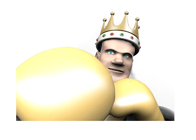 The King, wearing yellow boxing gloves, is doing a straight punch into the camera.