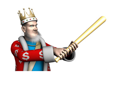 The King is photographed in the moment swinging a baseball bat.