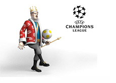 King bouncing a soccer ball and talkin about the tonights football matchups and picks while standing next to the Champions League logo