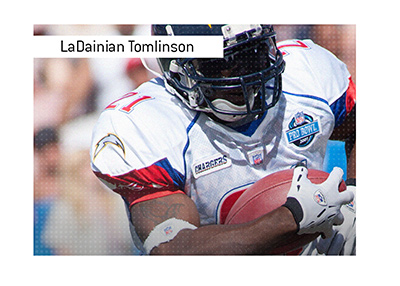 LaDainian Tomlinson photographed in action during a Pro Bowl game in 2007.  Chargers logo on shoulder.