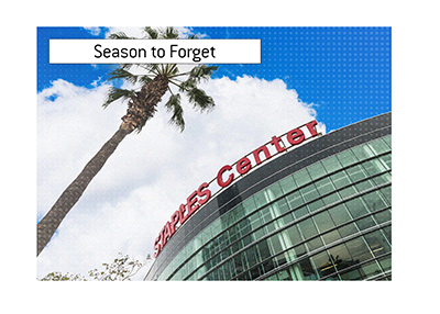 Lebron James and the Lakers had a season to forget. The year is 2019. Staples Center L.A. frog eye view. Palm tree in the frame.