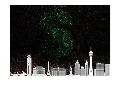 Las Vegas skyline with dollar sign fireworks. Illustration.