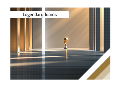 The FIFA World Cup trophy stands at the end of a grand illuminated hall.