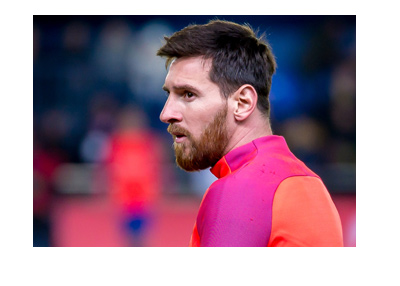 Barcelona FC player Lionel Messi in training.  Gazing into distance.