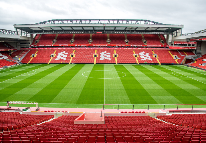 The Anfield Stadium, home of Liverpool FC.  The stands are empty in the photo, but they are sure to be full come Sunday when the crosstown rival Everton visits.