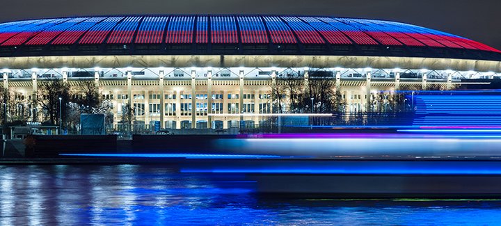 The home of the 2018 World Cup final - Russia - Moscow - Stadium Luzhniki - Night shot with blue red and white colours.