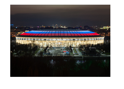 The World Cup 2018 final stadium - Luzhniki - Moscow.  Photo taken at night.  Illuminated in blue and red.