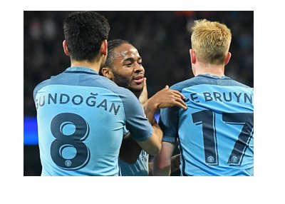 Manchester City FC players - Raheem Sterling, Ilkay Gundogan and Kevin de Bruyne. Celebrating a goal.
