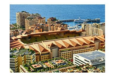 Photograph of AC Monaco Stadium in Monte Carlo.  The day is sunny and clear.