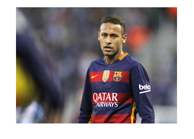 Stock photo of Neymar Junior in a Barcelona FC shirt.  Looking serious.