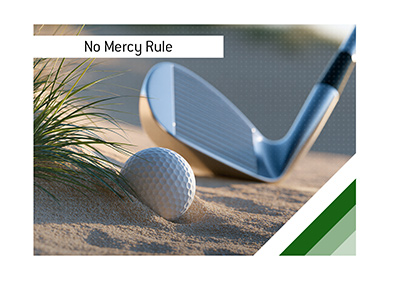 Close-up of a golf ball trapped against the steep edge of a sand bunker with a sand wedge poised behind it.