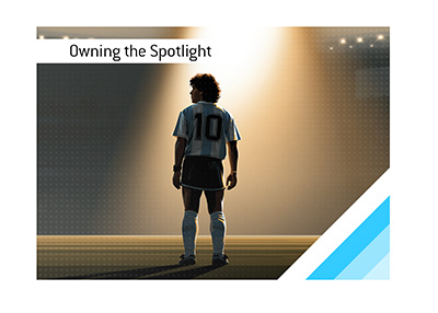 Diego Maradona of Argentina standing alone beneath a massive stadium spotlight.  Illustration.