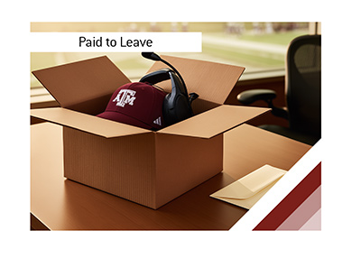 Texas A&M cap and coaching headset packed in a cardboard box on an office desk beside an envelope.