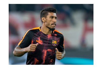 Barcelona attacker, Paulinho, wearing the team away kit used in the Champions League.  Year is 2017.  Serious focus.