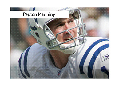 Payton Manning in play for the Indianapolis Colts.  About to throw a ball.