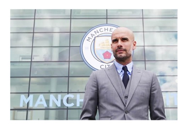 Promotional photo of Pep Guardiola in front of the Manchester City stadium ahead of the 2016/17 season