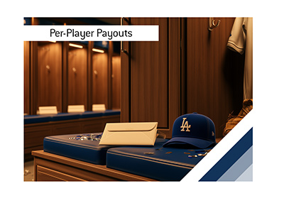 Dodgers cap beside a payout envelope in a clubhouse, with individual envelopes waiting at each players locker.