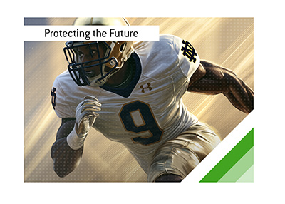 Notre Dame linebacker Jaylon Smith wearing number 9 and charging forward beneath protective golden light.